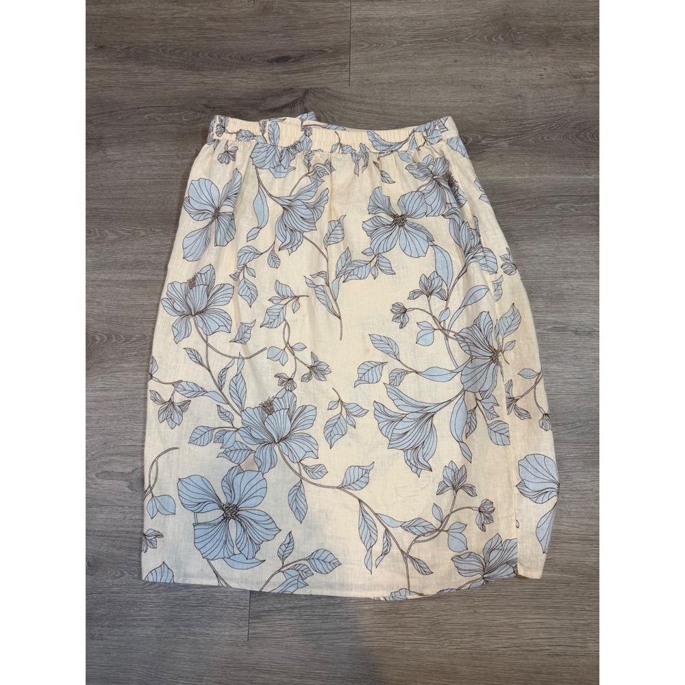 Cynthia Rowley 100% Linen Floral Wrap Midi Skirt Size Medium Blue Cream - Picture 9 of 13
